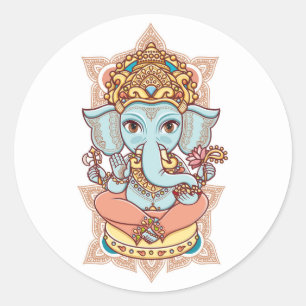 Pegatina Redonda Dios del elefante hindú, Señor Ganesh.