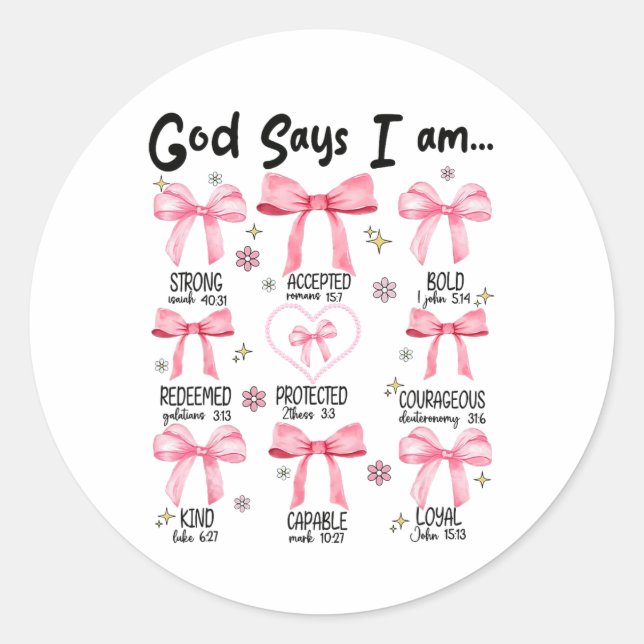 Pegatina Redonda Dios dice que soy Coqueta Rosa Cristiano Jesús Fel (Anverso)