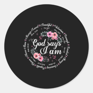 Pegatina Redonda Dios dice que soy Verso de la Biblia floral Religi