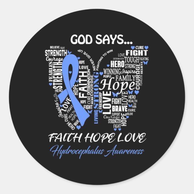 Pegatina Redonda Dios diga Fe Esperanza Amor Hidrocéfalo Sensibiliz (Anverso)
