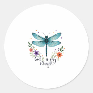 Pegatina Redonda Dios es mi fuerza Floral Libélula Camiseta Cristia