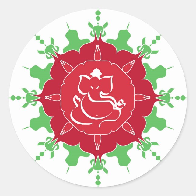 Pegatina Redonda Dios Ganesha en flor roja (Anverso)
