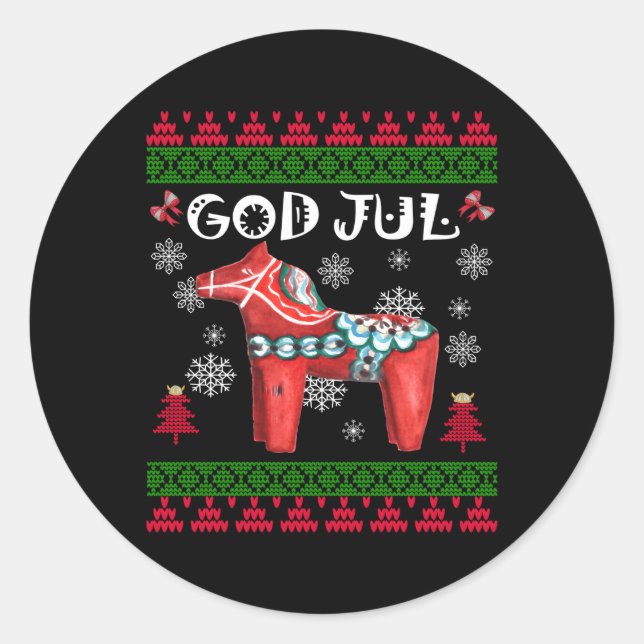 Pegatina Redonda Dios Jul Ugly Scandinaviavian Dala Horse (Anverso)
