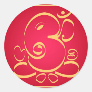 Pegatina Redonda Dios Om Ganesha en rojo