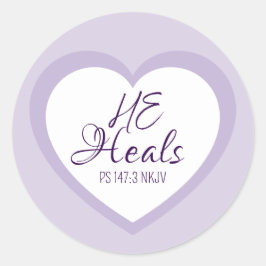 Pegatina Redonda Dios Sana al Afligido de Corazón Lila Claro Consue