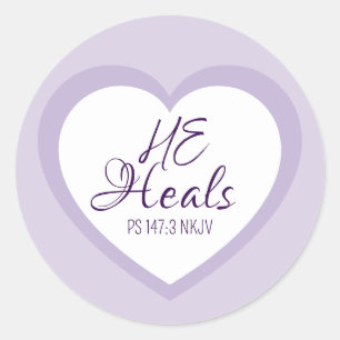 Pegatina Redonda Dios Sana al Afligido de Corazón Lila Claro Consue