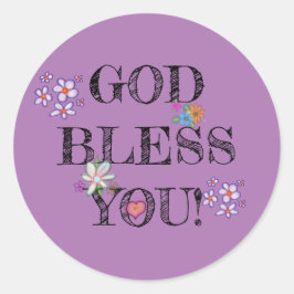 Pegatina Redonda "Dios te bendiga" Púrpura floral cristiana