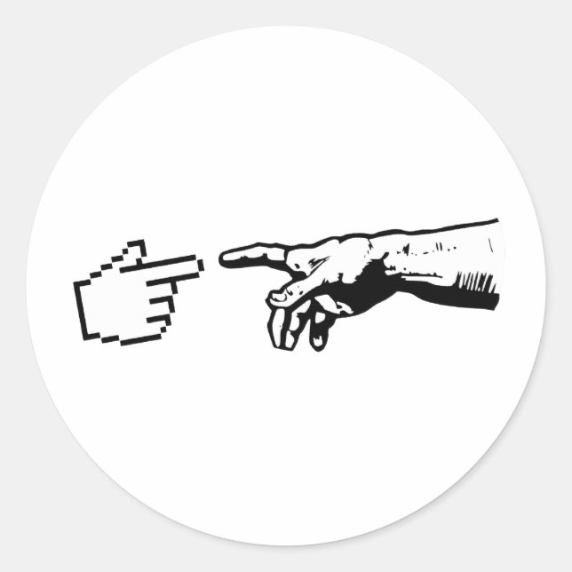 Pegatina Redonda Dios y las manos de la máquina (Anverso)