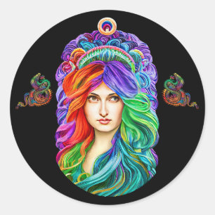 Pegatina Redonda Diosa arcoiris arte de reina fantasía