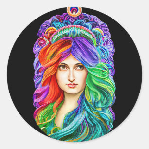 Pegatina Redonda Diosa arcoiris arte de reina fantasía