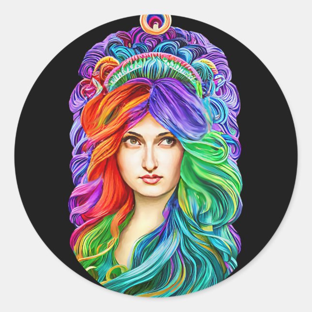 Pegatina Redonda Diosa arcoiris arte de reina fantasía (Anverso)