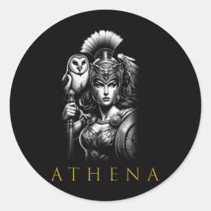 Pegatina Redonda Diosa De Sabiduría Y Guerra De Atenas