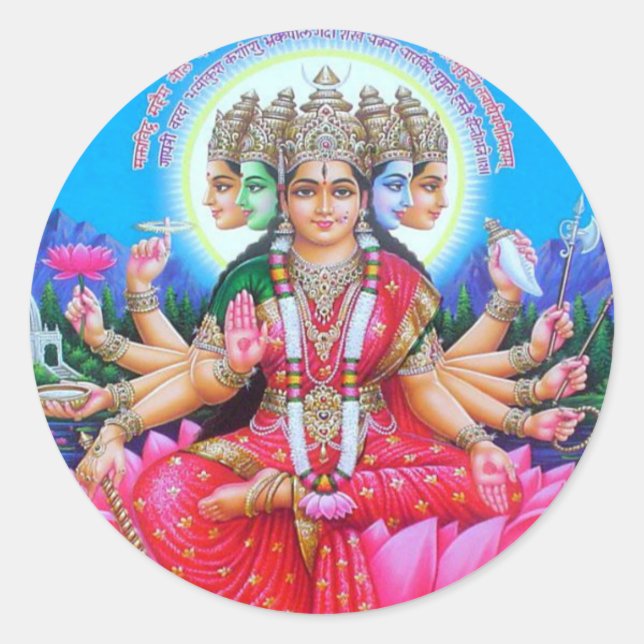 Pegatina Redonda Diosa Gayatri Devi (Anverso)