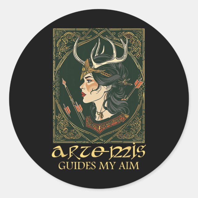 Pegatina Redonda Diosa griega divertida Artemis Deer Hunting Mythol (Anverso)