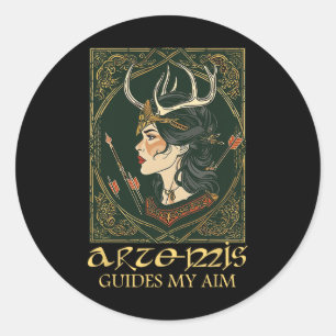 Pegatina Redonda Diosa griega divertida Artemis Deer Hunting Mythol