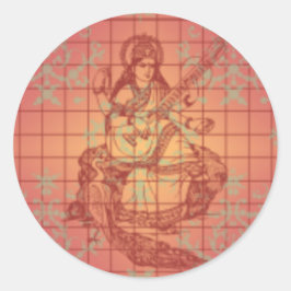 Pegatina Redonda Diosa hindú amarilla roja Saraswati Sabiduría Indi