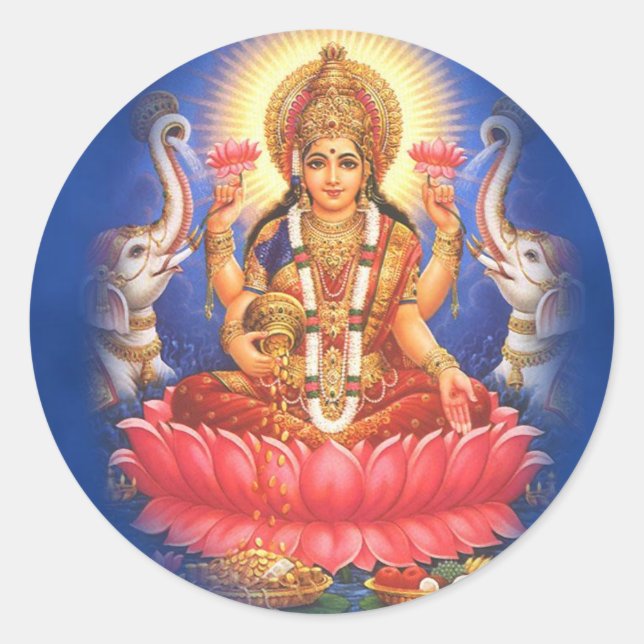 Pegatina Redonda Diosa hindú Laxmi Devi Mata (Anverso)