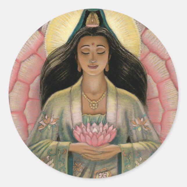 Pegatina Redonda Diosa Kuan Yin de la compasión (Anverso)