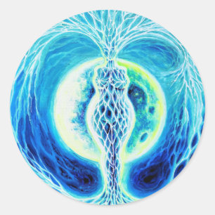 Pegatina Redonda Diosa neolítica con luna