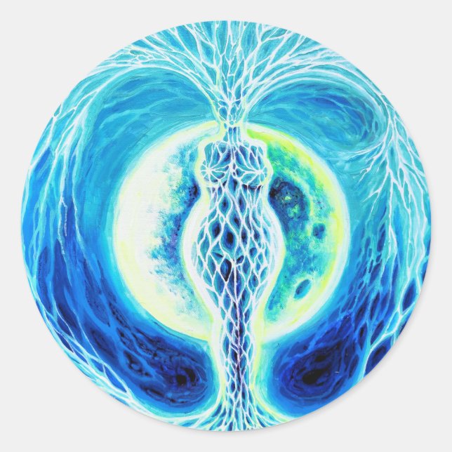 Pegatina Redonda Diosa neolítica con luna (Anverso)