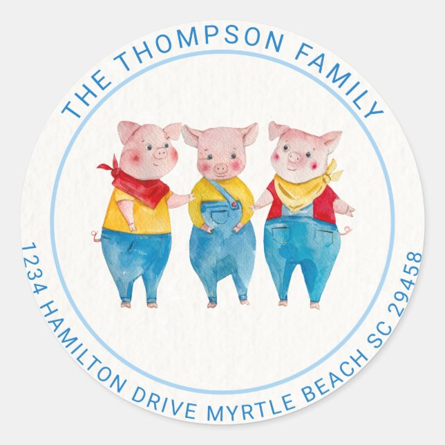 Pegatina Redonda Dirección de Baby Shower Cute Blue 3 Cerditos (Anverso)