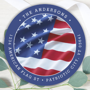 Pegatina Redonda Dirección de devolución azul de la bandera estadou