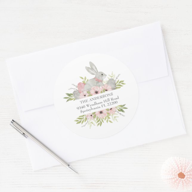 Pegatina Redonda Dirección de devolución Conejo de Pascua y Huevos (Sobre)