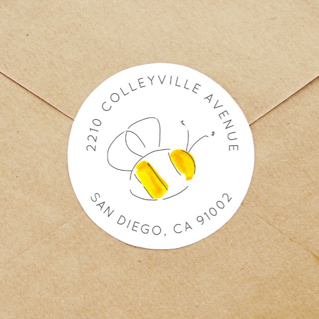 Pegatina Redonda Dirección de devolución de abeja de burbujas de co (Yellow watercolor bumble bee return address label round sticker.)
