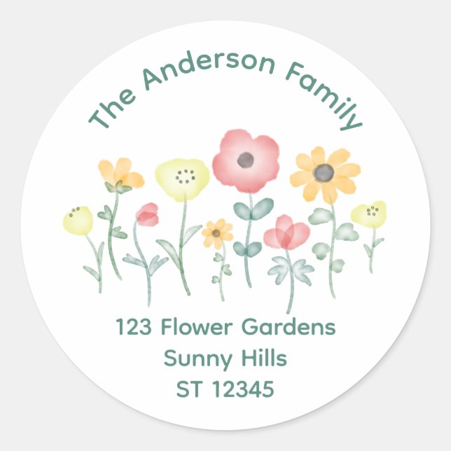 Pegatina Redonda Dirección de devolución de acuarela de flores silv (Anverso)