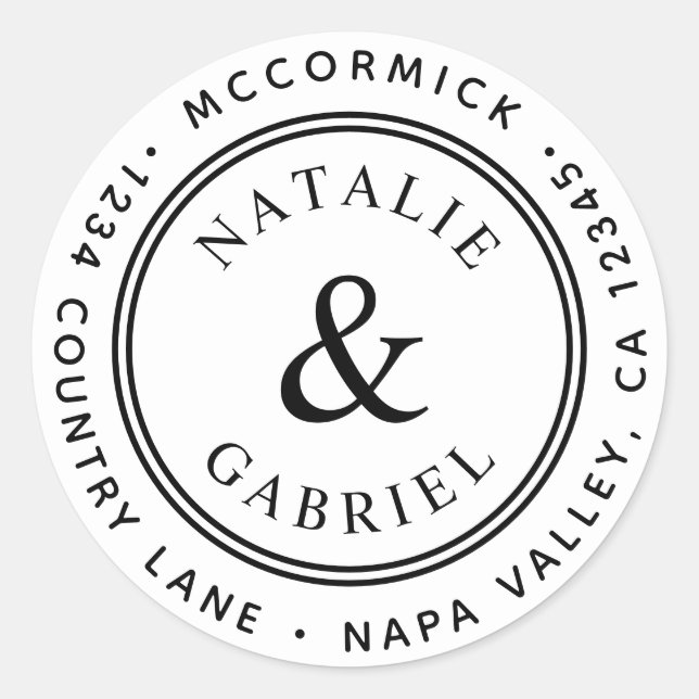 Pegatina Redonda Dirección de devolución de Ampersand y Boda (Anverso)