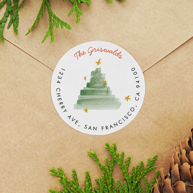 Pegatina Redonda Dirección de devolución de árbol de navidad de col (Watercolor starlit Christmas tree return address label round sticker.)