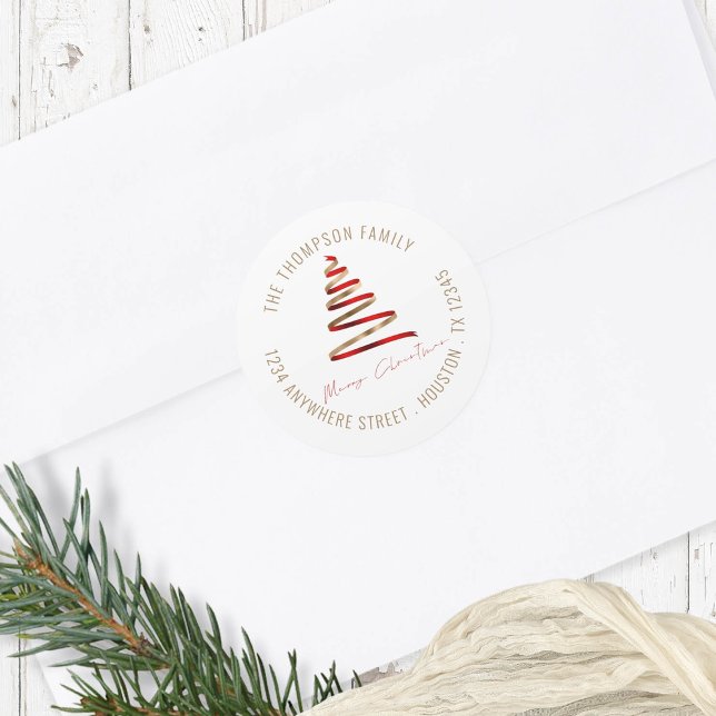 Pegatina Redonda Dirección de devolución de árbol de Navidad rojo d (Subido por el creador)