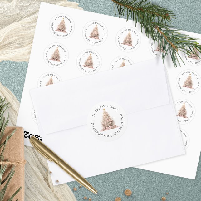 Pegatina Redonda Dirección de devolución de árbol de Navidad rosa R (Subido por el creador)