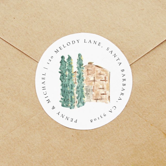 Pegatina Redonda Dirección de devolución de árboles de ciprés de co (Watercolor cypress trees lavender fields wedding return address labels.)