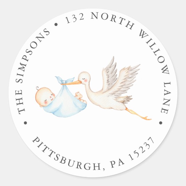 Pegatina Redonda Dirección de devolución de Baby Shower de Blue Sto (Anverso)