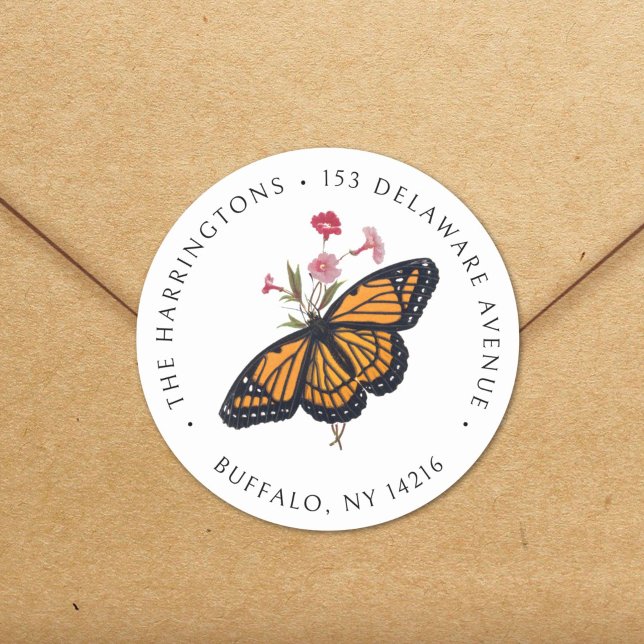 Pegatina Redonda Dirección de devolución de Bella Artes de mariposa (This vintage monarch butterfly adds a Victorian note to your correspondence!)