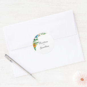 Pegatina Redonda Dirección de devolución de boda de flores brillant