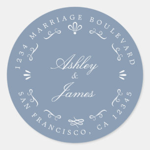 Pegatina Redonda Dirección de devolución de Boda de nombres persona