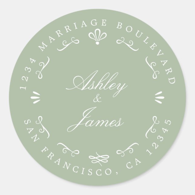 Pegatina Redonda Dirección de devolución de Boda de nombres persona (Anverso)