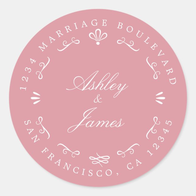 Pegatina Redonda Dirección de devolución de Boda de nombres persona (Anverso)