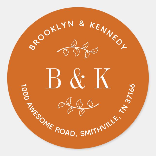 Pegatina Redonda Dirección de devolución de boda floral naranja que (Anverso)