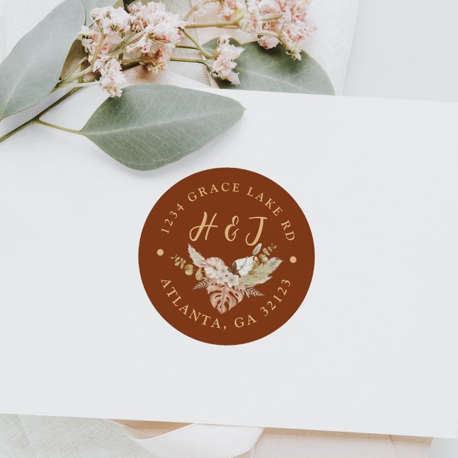 Pegatina Redonda Dirección de devolución de Boda Floral Terracotta (Floral Terracotta Wedding Return Address Classic Round Sticker)
