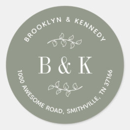 Pegatina Redonda Dirección de devolución de boda floral verde salvi