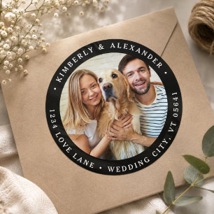 Pegatina Redonda Dirección de devolución de boda moderna con foto p