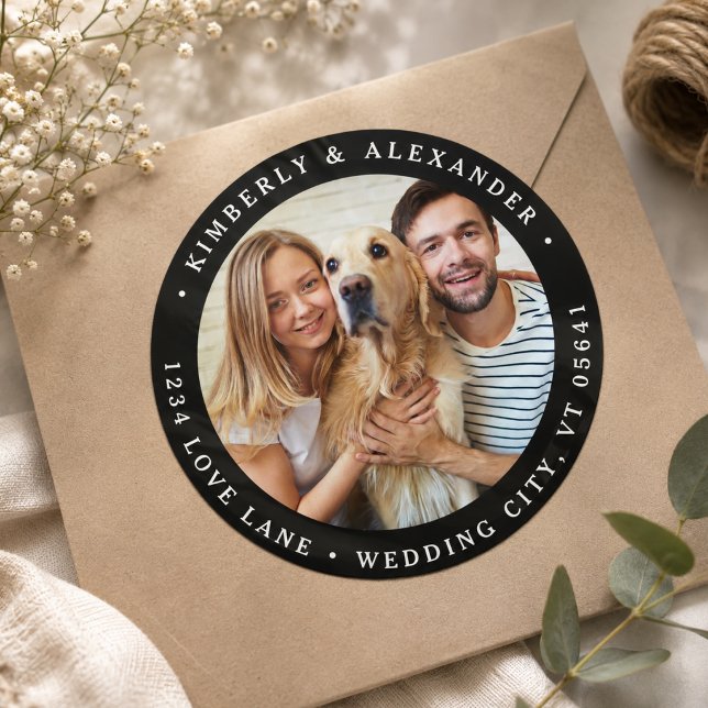 Pegatina Redonda Dirección de devolución de boda moderna con foto p (Custom Photo Modern Wedding Return Address Classic Round Sticker)