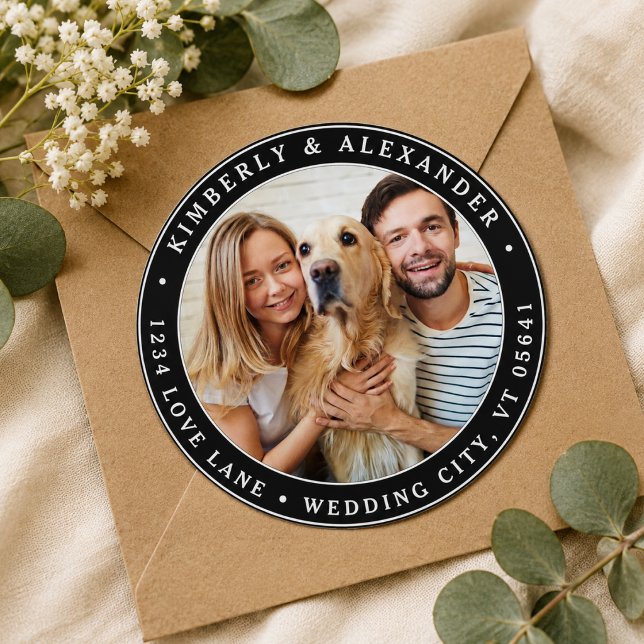 Pegatina Redonda Dirección de devolución de boda moderna con foto p (Custom Photo Modern Wedding Return Address Classic Round Sticker)
