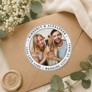 Pegatina Redonda Dirección de devolución de boda moderna con foto p