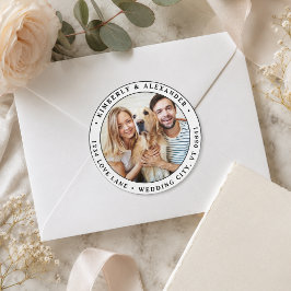 Pegatina Redonda Dirección de devolución de boda moderna con foto p