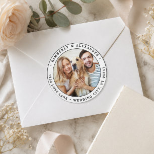 Pegatina Redonda Dirección de devolución de boda moderna con foto p