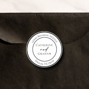 Pegatina Redonda Dirección de devolución de Boda moderno blanco y n